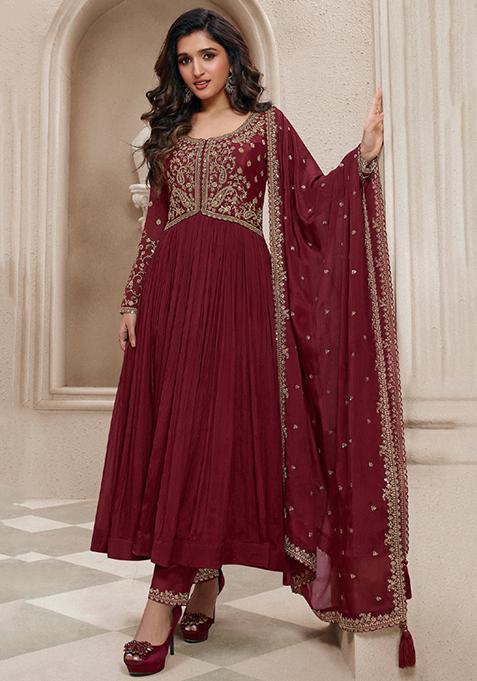 Maroon Thread Sequin Embroidered Chinon Anarkali Set