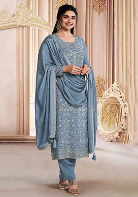 Baby Blue Thread Sequin Embroidered Chinon Kurta Set