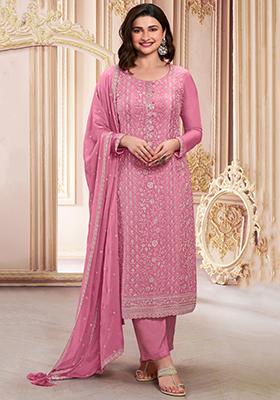 Pink Thread Sequin Embroidered Chinon Kurta Set