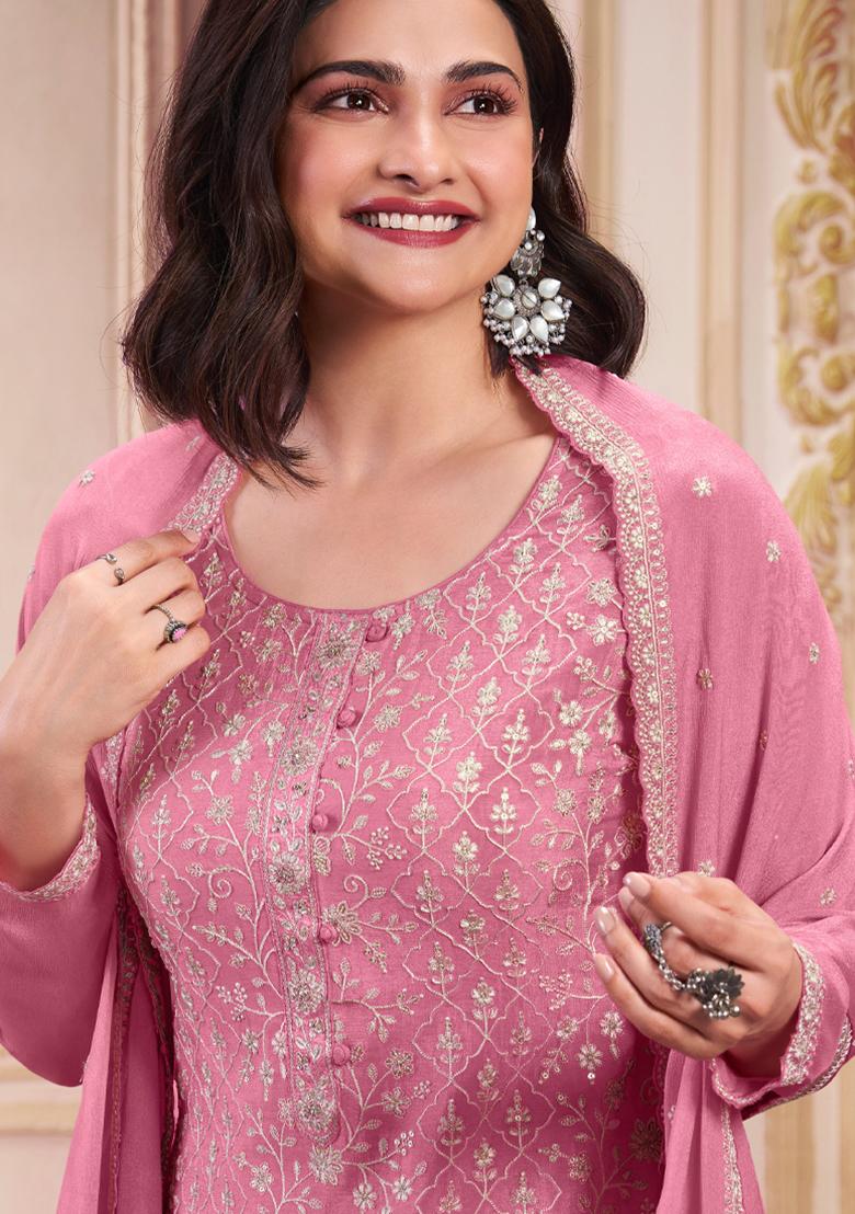 Pink Thread Sequin Embroidered Chinon Kurta Set