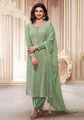 Pista Green Thread Sequin Embroidered Chinon Kurta Set