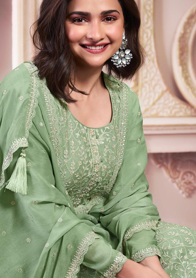Pista Green Thread Sequin Embroidered Chinon Kurta Set