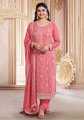 Peach Thread Sequin Embroidered Chinon Kurta Set