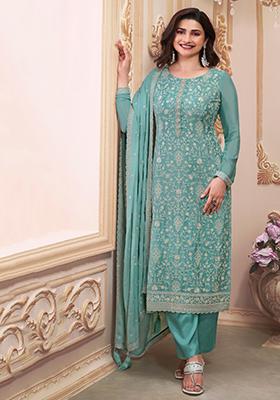 Sky Blue Thread Sequin Embroidered Chinon Kurta Set