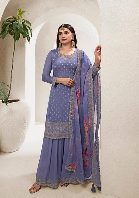 Lavender Embroidered Chinon Kurta Set