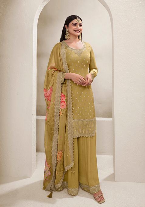 Yellow Embroidered Chinon Kurta Set