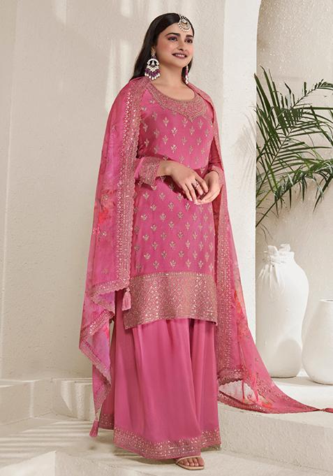 Pink Embroidered Chinon Kurta Set