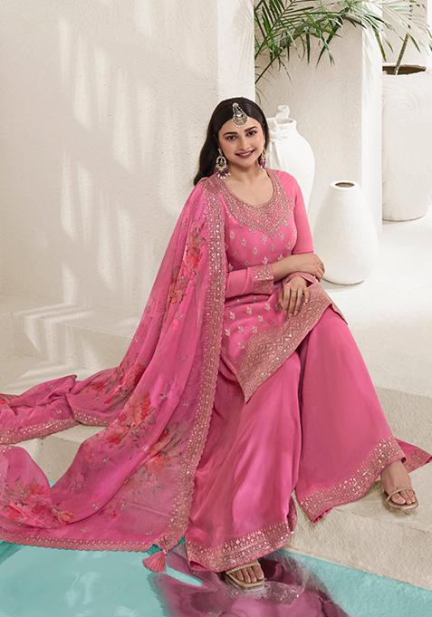 Women Pink Chinon Silk Kurta Set With Pant And Duppata Set