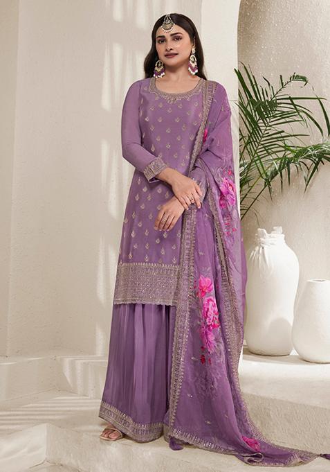 Violet Embroidered Chinon Kurta Set