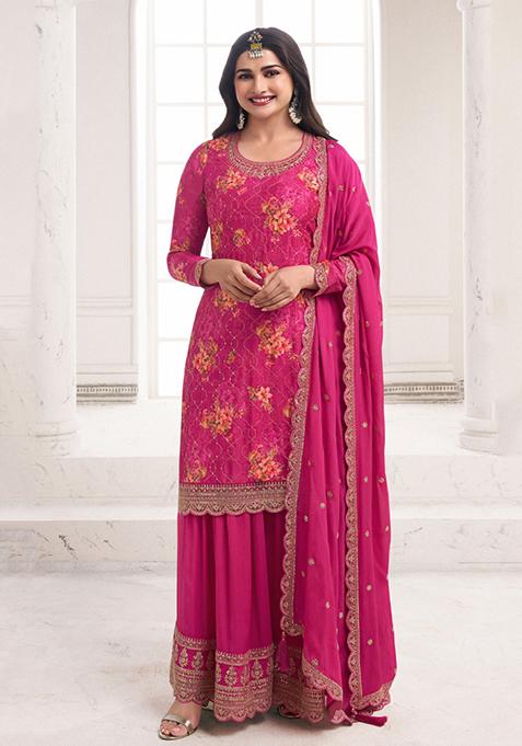 Pink Embroidered Chinon Kurta Set