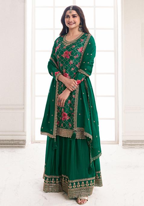 Green Embroidered Chinon Kurta Set