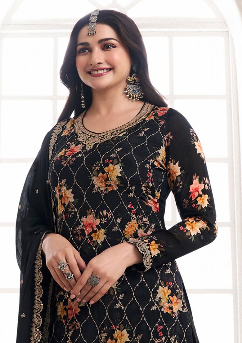 Black Embroidered Chinon Kurta Set