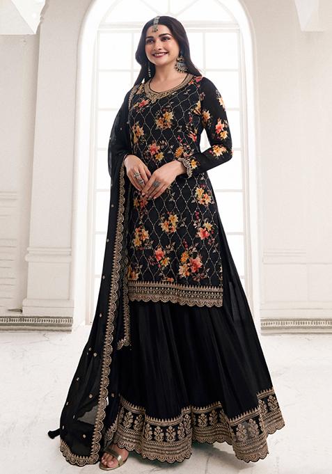 Black Embroidered Chinon Kurta Set