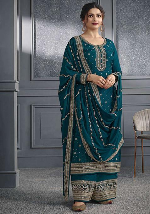 Teal Blue Embroidered Silk Kurta Set