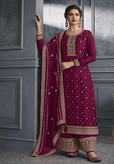 Magenta Embroidered Silk Kurta Set