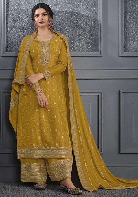 Yellow Embroidered Silk Kurta Set