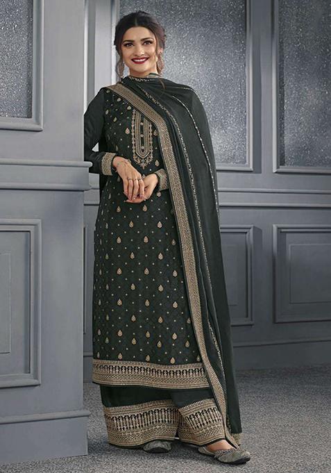 Dark Green Embroidered Silk Kurta Set