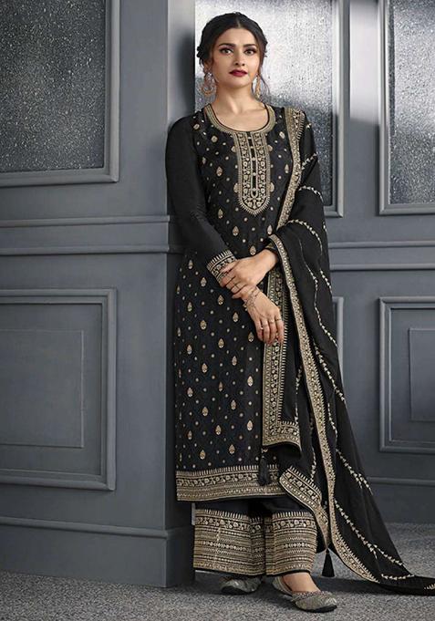 Black Embroidered Silk Kurta Set