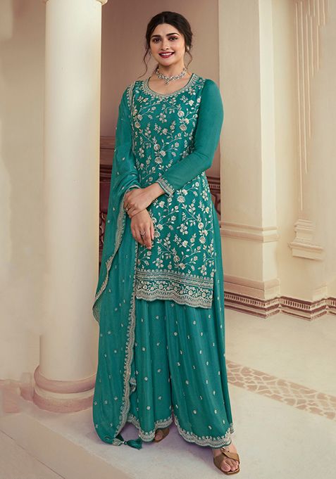 Sky Blue Thread Sequin Embroidered Chinon Kurta Set