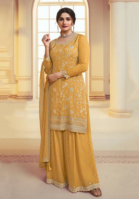 Yellow Thread Sequin Embroidered Chinon Kurta Set