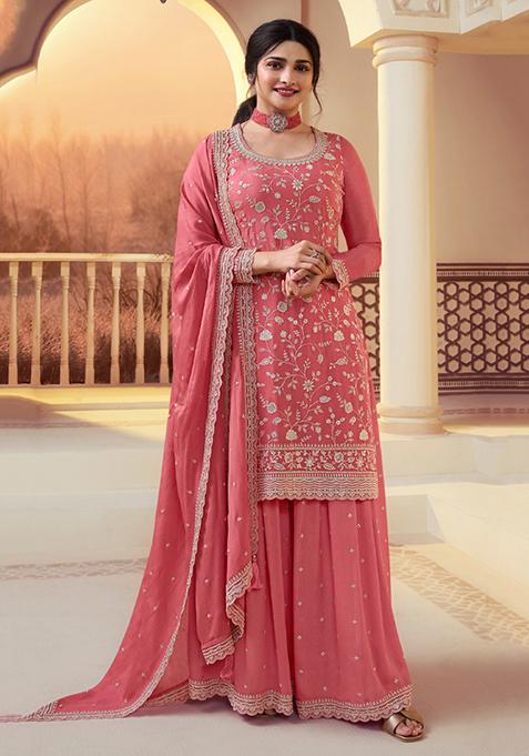 Peach Thread Sequin Embroidered Chinon Kurta Set