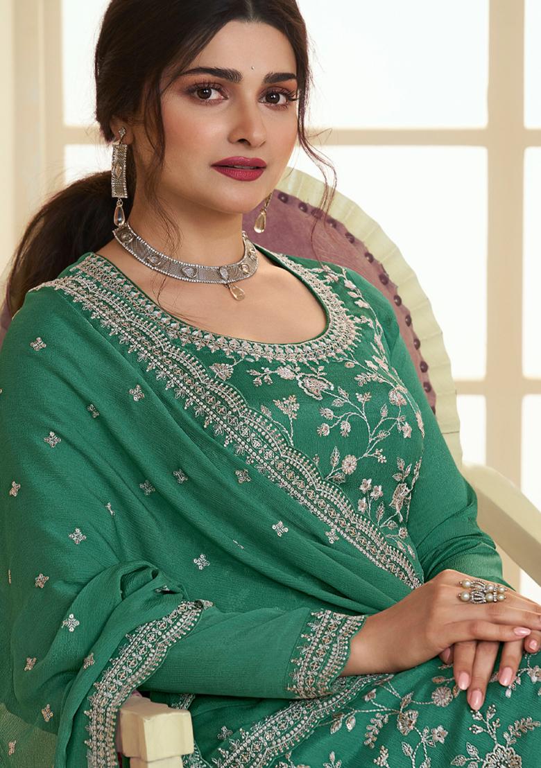 Pista Green Thread Sequin Embroidered Chinon Kurta Set