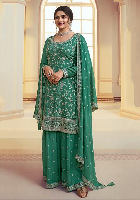 Pista Green Thread Sequin Embroidered Chinon Kurta Set