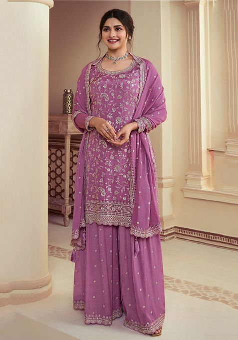 Violet Thread Sequin Embroidered Chinon Kurta Set