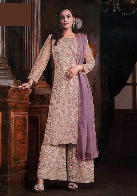 Light Beige Embroidered Net Kurta Set