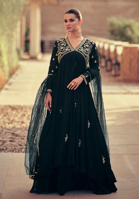 Dark Blue Thread Sequin Embroidered Georgette Anarkali Set