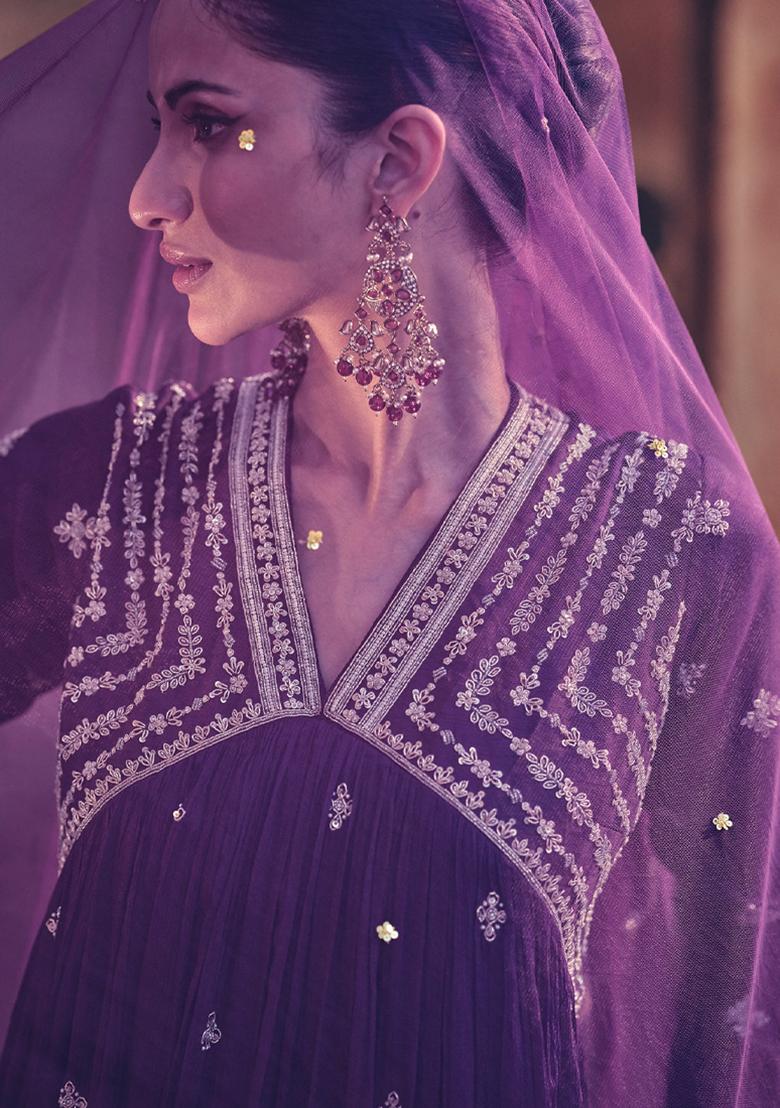 Purple Thread Sequin Embroidered Georgette Anarkali Set