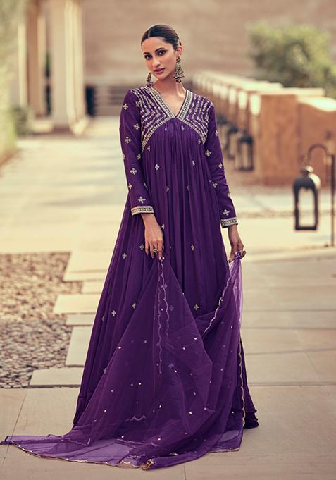 Purple Thread Sequin Embroidered Georgette Anarkali Set