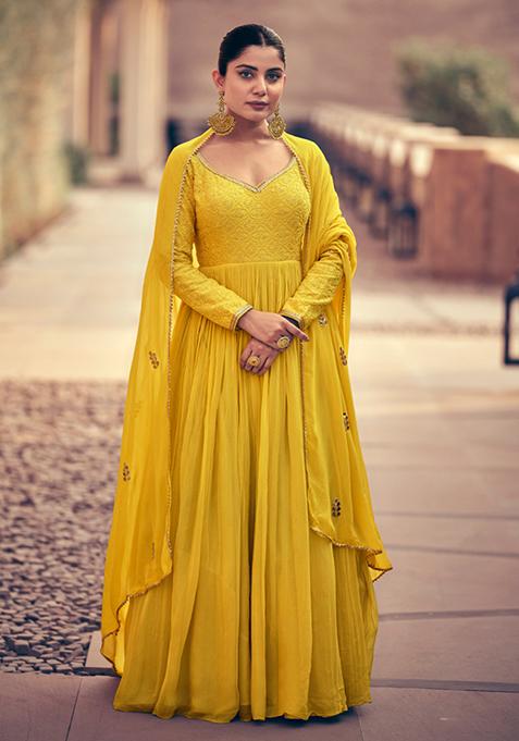 Yellow Thread Sequin Embroidered Georgette Anarkali Set