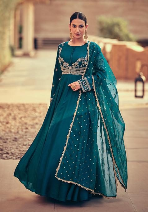 Aqua Blue Thread Sequin Embroidered Silk Anarkali Set