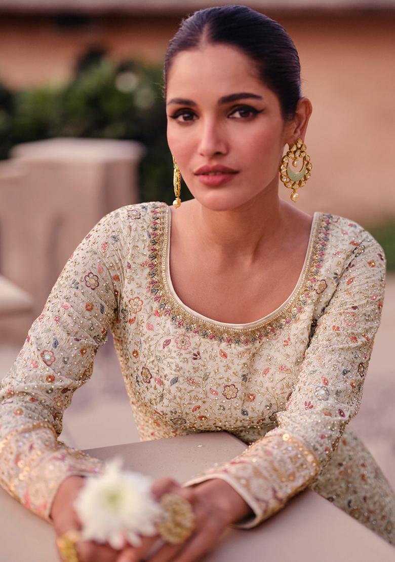 White Thread Sequin Embroidered Georgette Anarkali Set