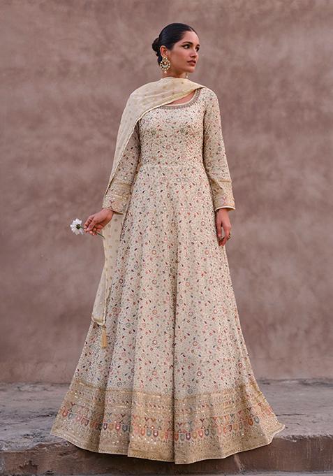 White Thread Sequin Embroidered Georgette Anarkali Set