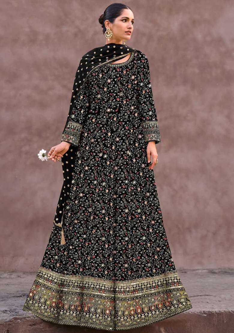 Black Embroidered Georgette Anarkali With Dupatta - Indya