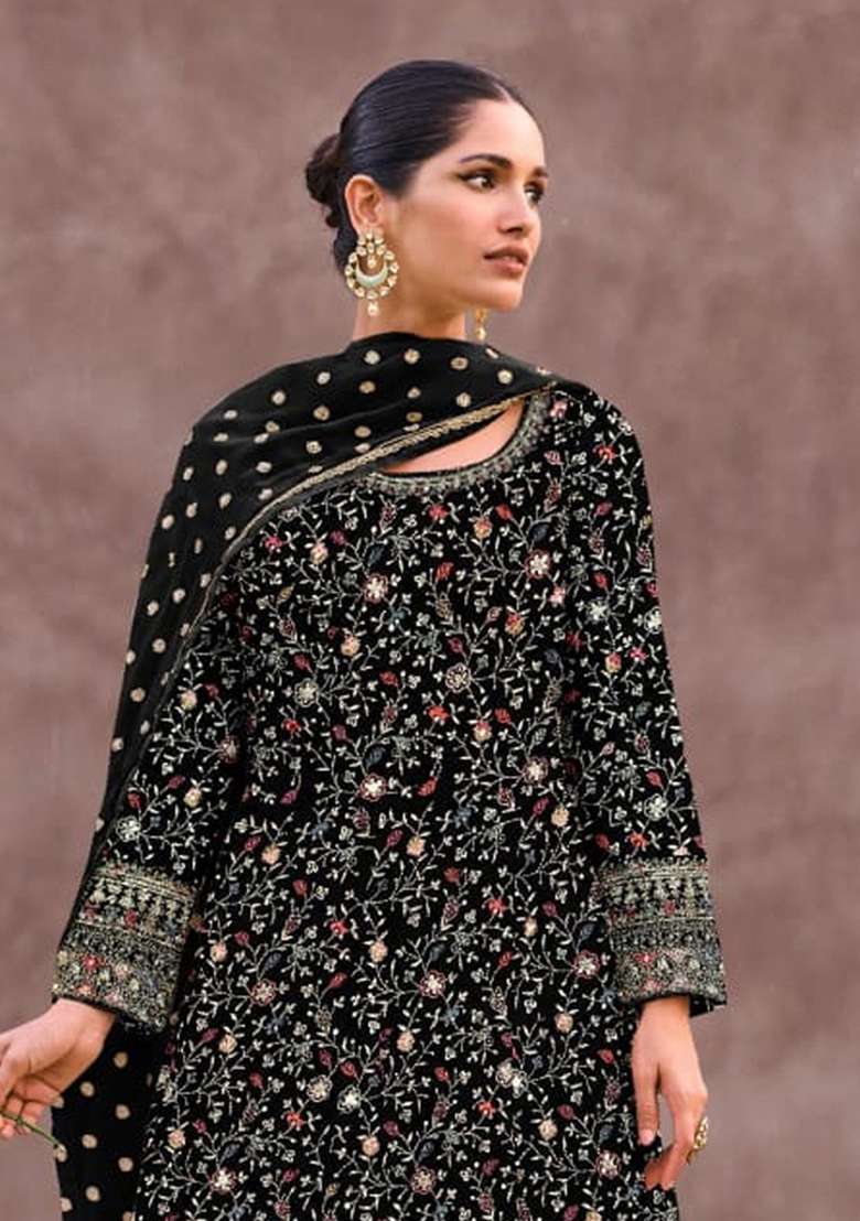 Black Embroidered Georgette Anarkali With Dupatta - Indya