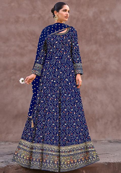 Blue Thread Sequin Embroidered Georgette Anarkali Set