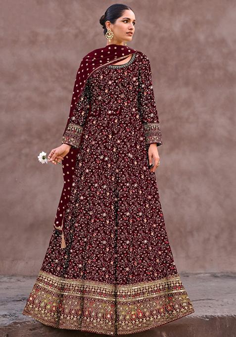 Maroon Thread Sequin Embroidered Georgette Anarkali Set