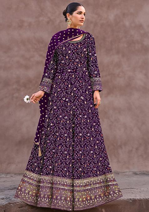 Purple Thread Sequin Embroidered Georgette Anarkali Set