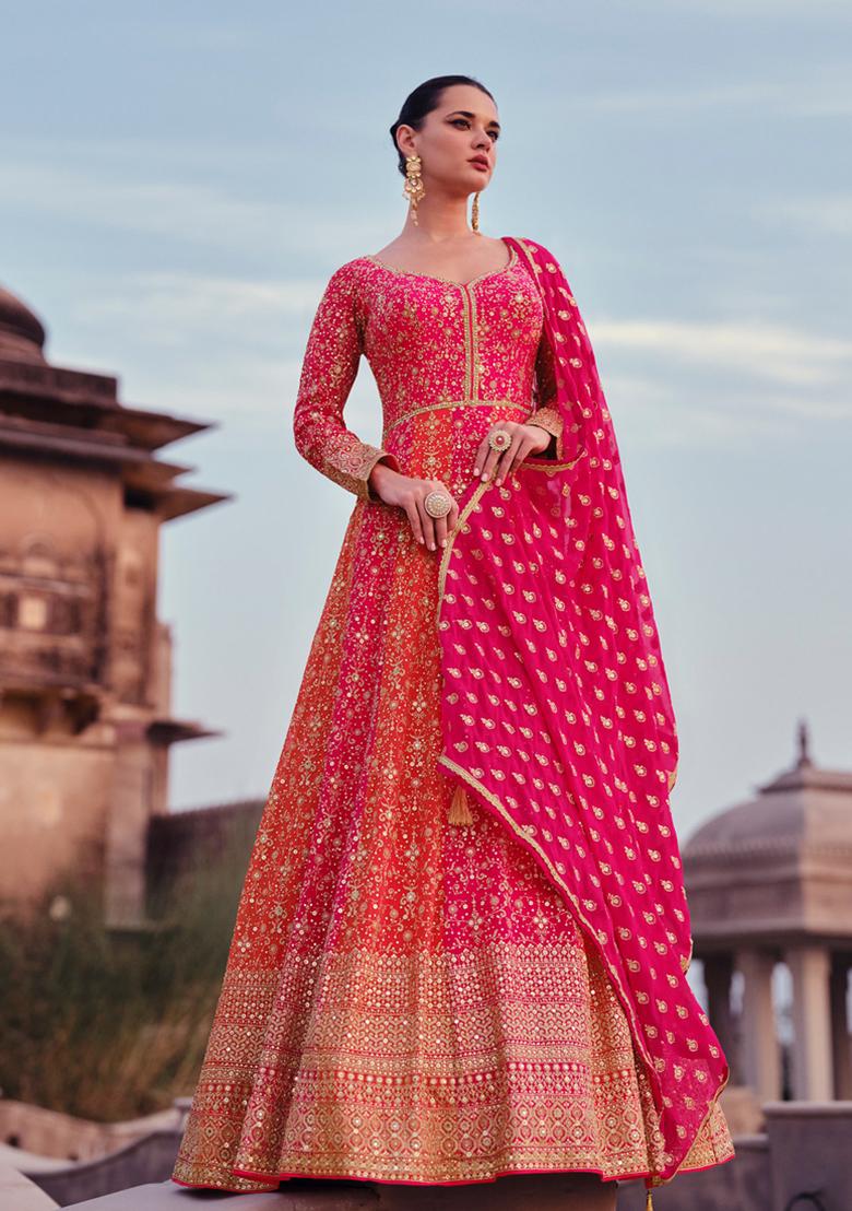 Rani Pink Thread Sequin Embroidered Georgette Anarkali Set