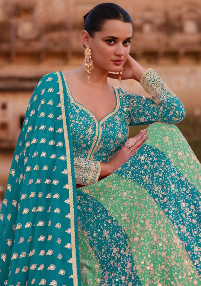 Sky Blue Thread Sequin Embroidered Georgette Anarkali Set