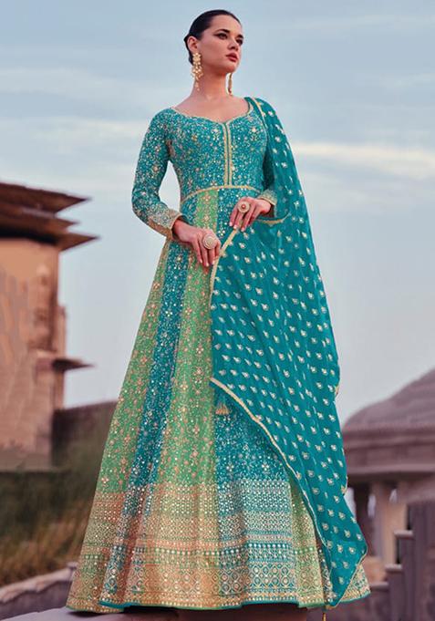 Sky Blue Thread Sequin Embroidered Georgette Anarkali Set