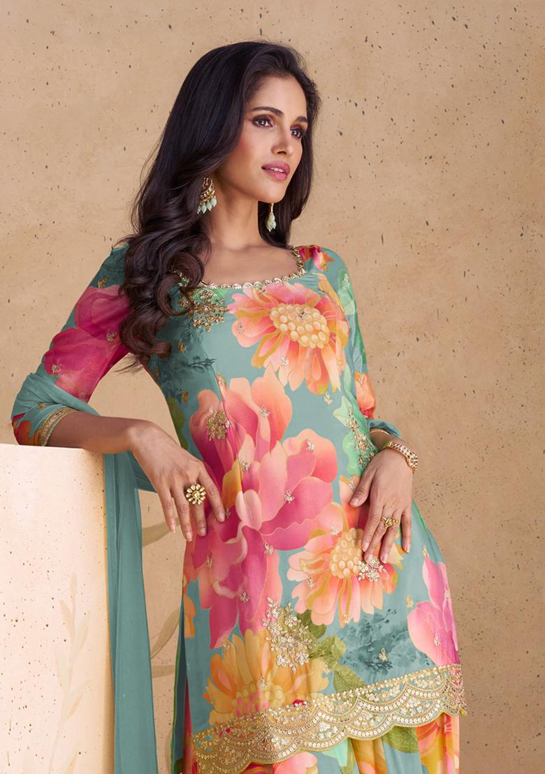 Sky Blue Embroidered Chinon Kurta Set