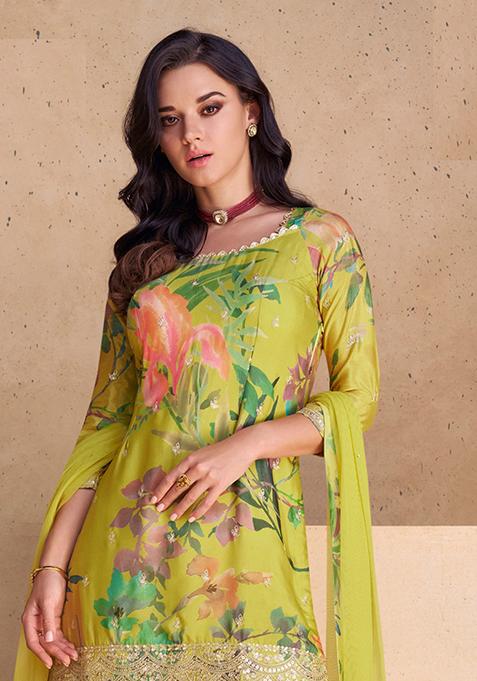 Women Lemon Chinon Kurta Set With Pant And Duppata Set