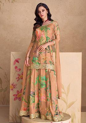 Off White Embroidered Chinon Kurta Set