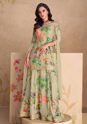 Peach Embroidered Chinon Kurta Set