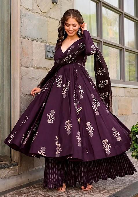 Dark Purple Printed Pure Muslin Kurta Set