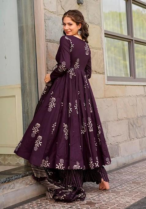 Women Purple Muslin Printed Kurti With Pant And Duppata Set